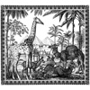 Scène exotique avec palmiers, chameau et girafe