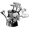 Arrosoir, fleurs et outils de jardinage